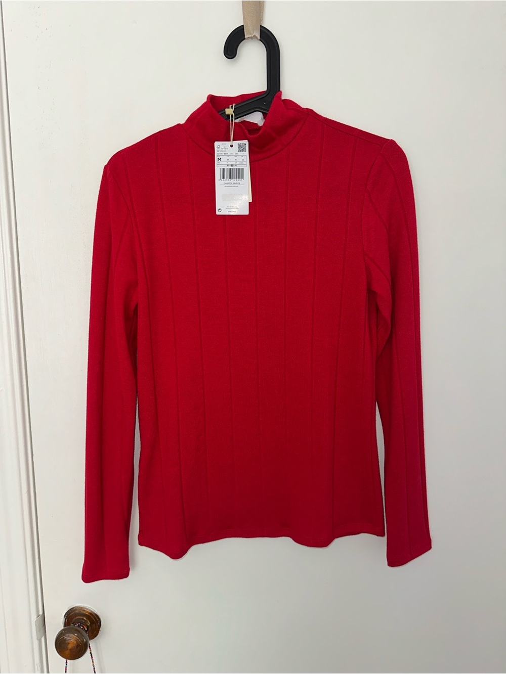 Mango - Red Wide Ribbed Mock Neck Long-Sleeve Top - M